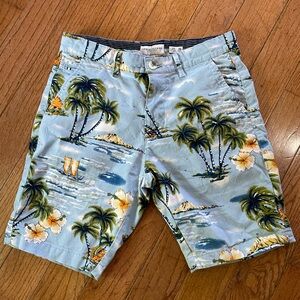 Denim & Flower, Men’s size 29, light blue with tropical print, chino shorts.